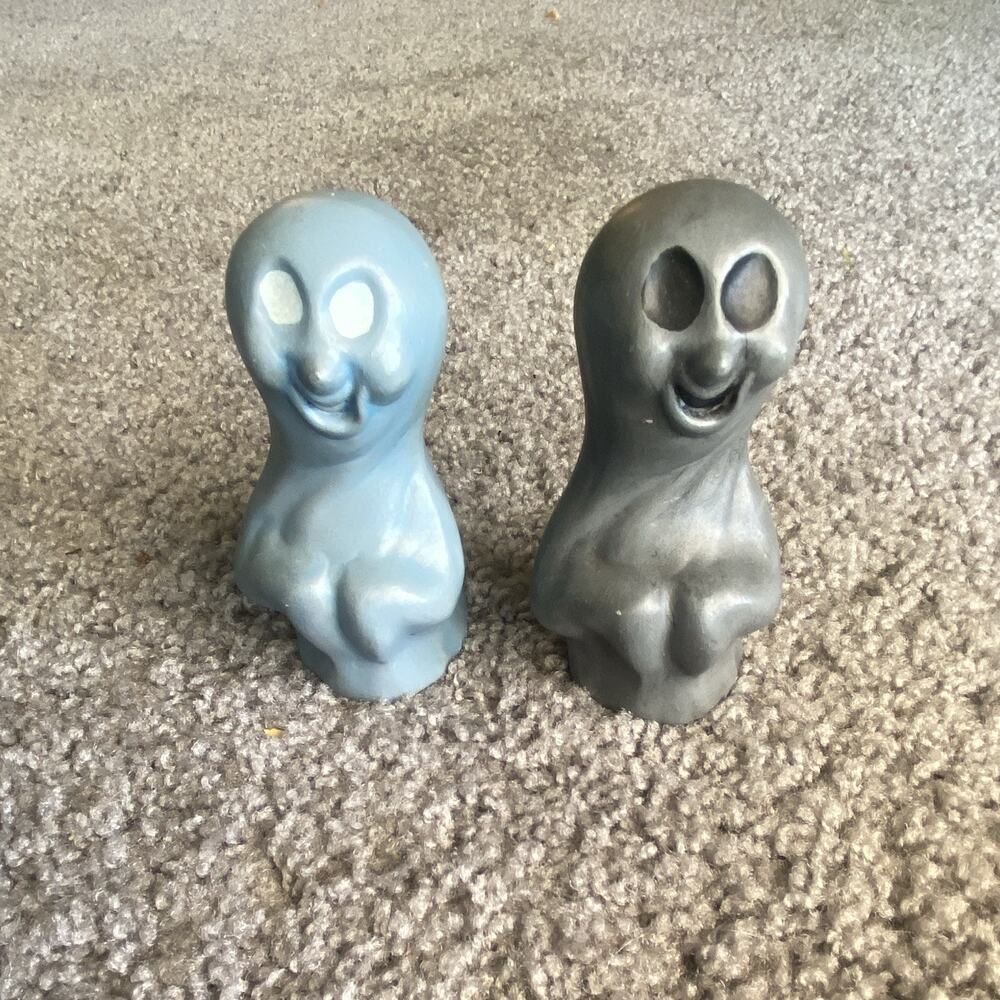 Ceramic Ghost Figurines Pair Blue & Gray Art Pottery Halloween Vintage Spooky